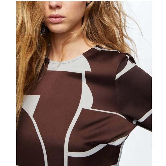 NWT Mango MNG Abstract Geo Print Long Sleeve Satin Dress Brown Cream Size M - Picture 2 of 13
